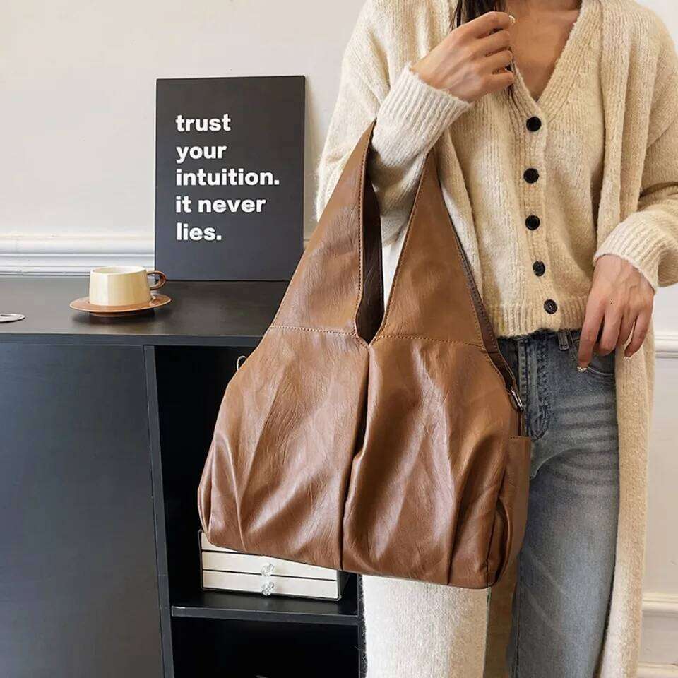 Big Black Large Hobo Shopper Capacity Pu Leather Shoulder Solid Color Simple Fashion Commuter Bag Retro Travel Tote Handbags Z260130