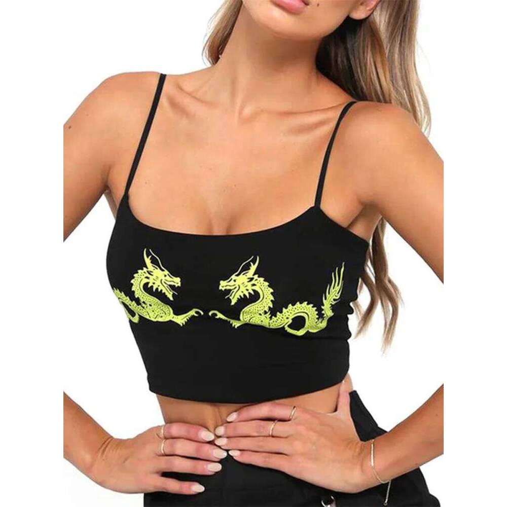 Fashion 2026 Women Casual Dragon Pattern Crop Tops Summer Cropped Sexy Tight Attractive Fitness Polyester U Neck Fashion Sleeveless Straps Designer
