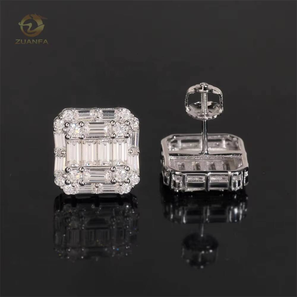 Luxury Baguette Diamond Iced Out Jewelry Gold Plated Hip Hop Moissanite 925 Silver Stud Earrings