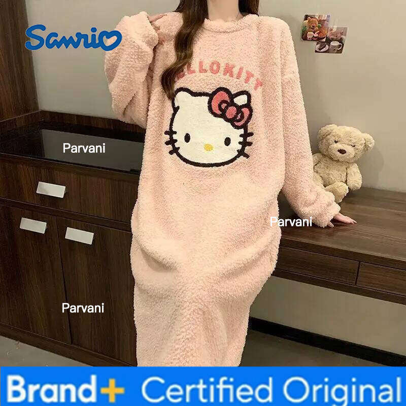 Sanrio Hello Kitty Cartoon Women Sleep Dress Coral Fleece Thickened Student Dormitory Sweet Mid Length Homewear Autumn Winter H260130
