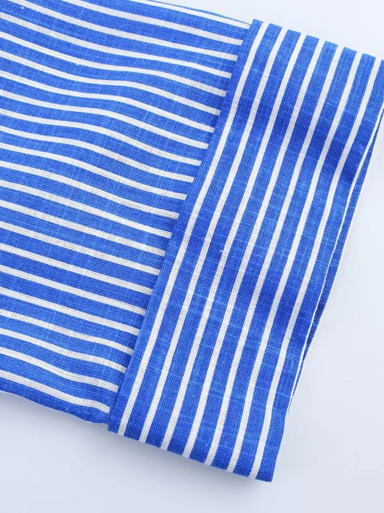 Women Summer Shirts Blouses Tops Casual Striped Linen Loose Pockets Female Elegant Street Short Top Clothing 260126