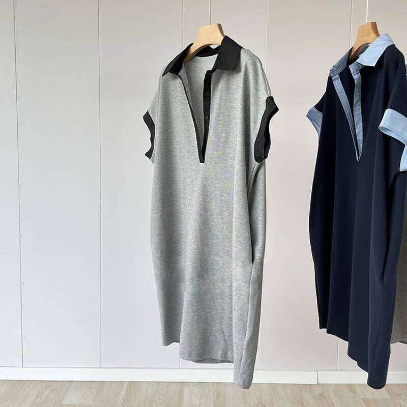 Contrast Polo Neck Loose Casual T Shirt Summer New Short Sleeve Plus Size Vintage Mini Dress Fashion Trend Women Clothing XJ260130