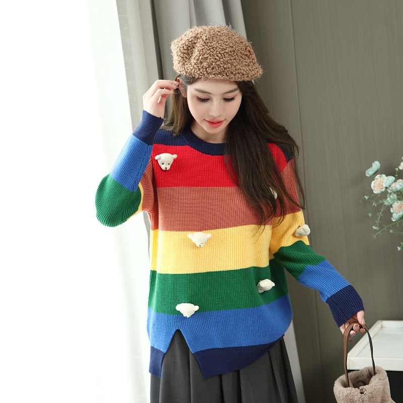 Autumn Rainbow Striped Knitted Sweater for Men Loose Hip Hop Crewneck Knitwear Pull Homme Casual Christmas Jumpers Clothes 240731