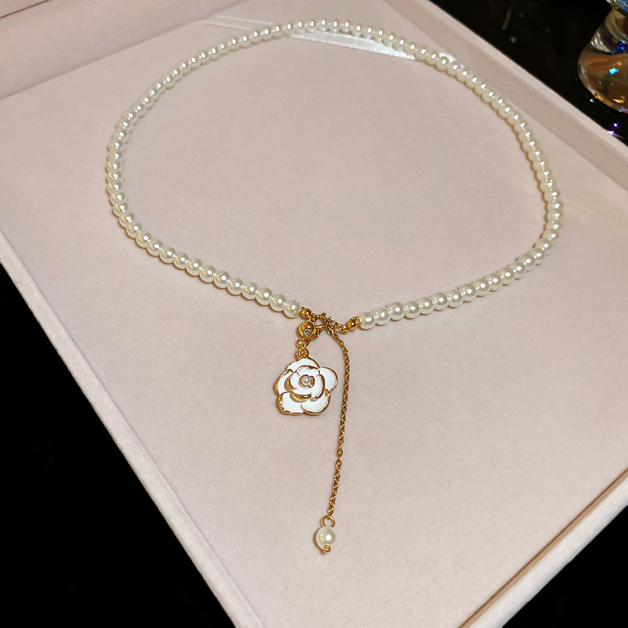 Oil Dripping Camellia Pearl Pendant French Elegant Noble Temperament Clavicle Chain Light Luxury High-end Sense Necklace for Women - view 7