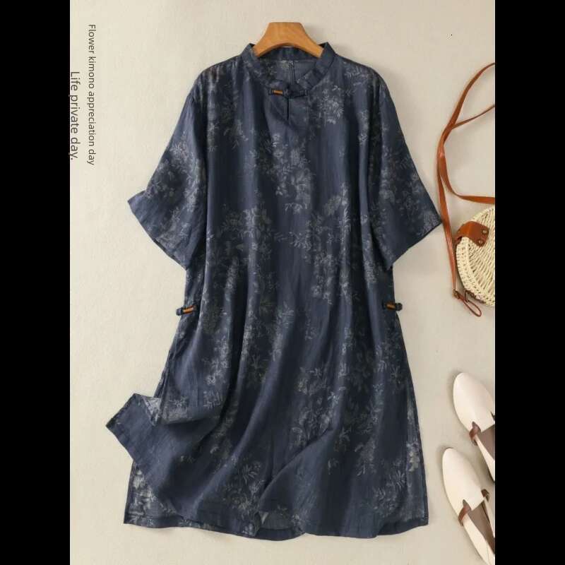 Women's Chinese Style Floral Print Linen Mandarin Collar Loose Fit Short Sleeve Midi Dress