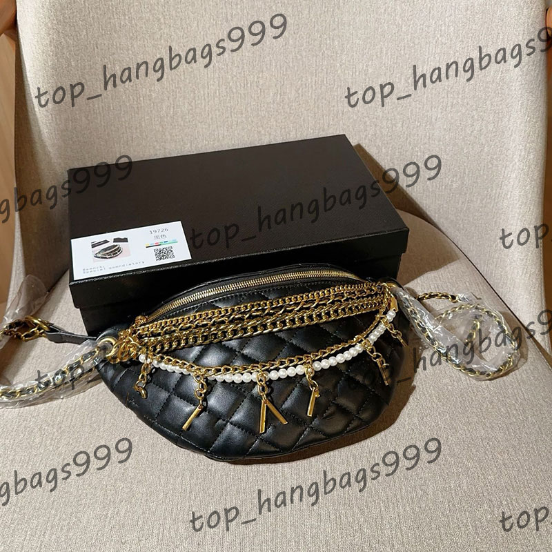 Womens Designer Black Lambskin Pearl Chain Chest Pack Bag With Metal letter pendant Crossbody Handbag Outdoor Sport Waist Bags Trends Luxury Purse 26x15cm