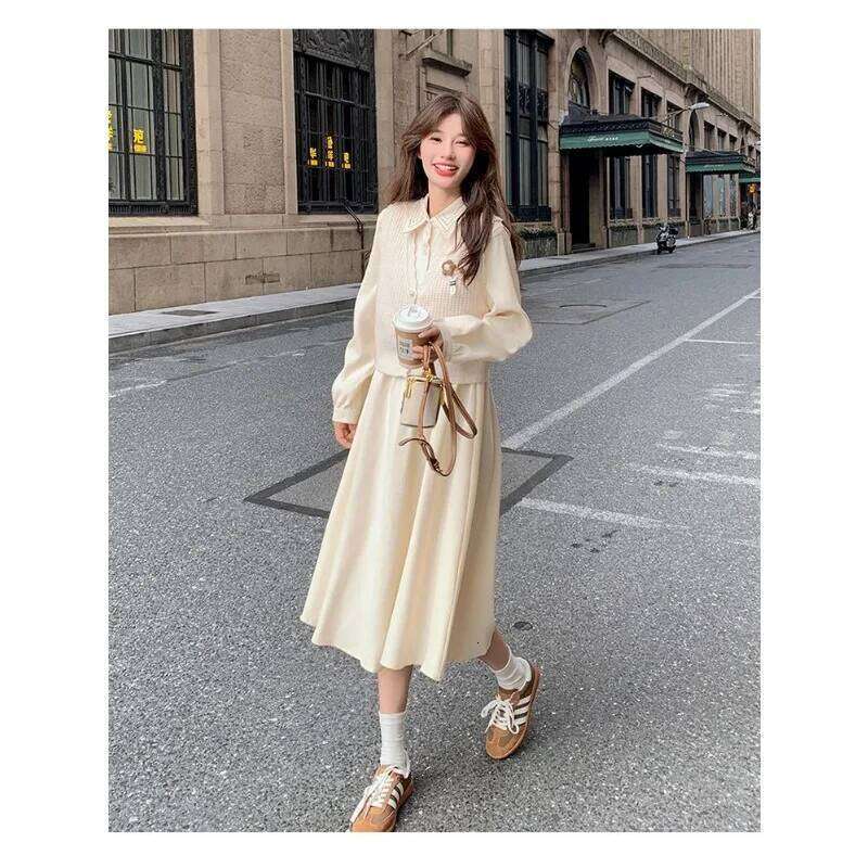 Collar Suit Spring and Autumn Women's New College Style Knitted Vest Dress Two-piece Set XJ260130