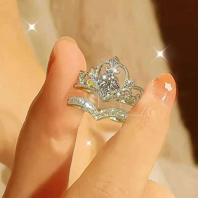 LATS 2PCS Crystal Crown Adjustable Ring Irregular Geometry Vintage Rings Set for Women Girls New Fashion Jewelry XJ260130