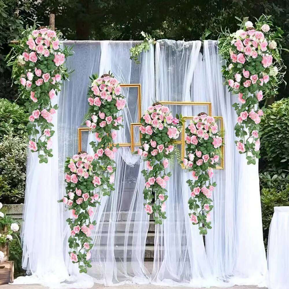 Plant Greenery Decor Artificial Rose Flower Vine Garland Faux Silk Floral Wall Hanging Wedding for Indoor W260130