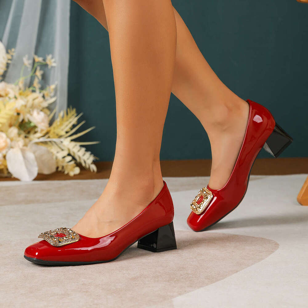 Brown Heels Buckle work shoes Womens Patent Leather Design Shoe Square Toe Chunky Heels Large Size 43