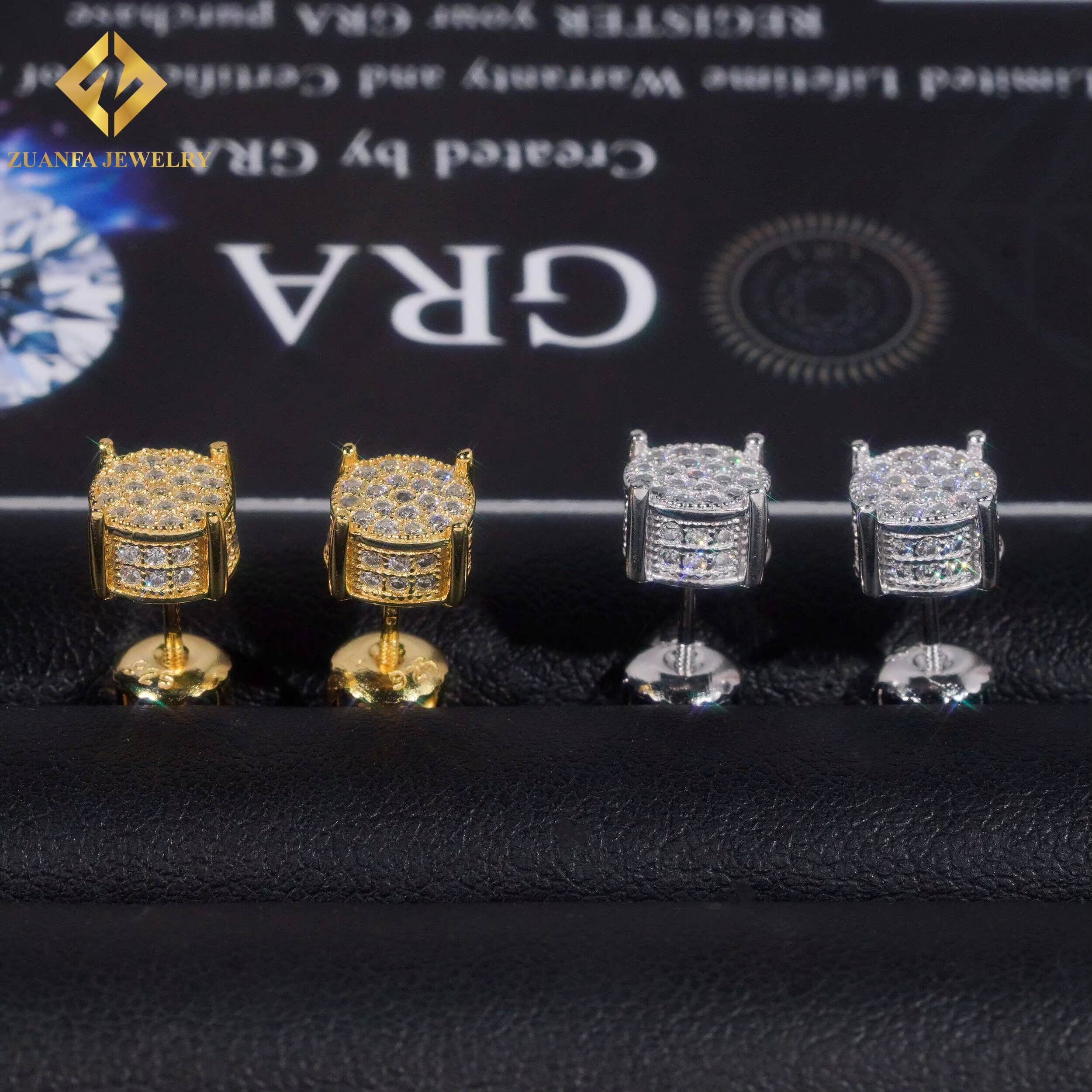 New Design Ready Stock Ear Studs Jewelry 925 Sterling Silver VVS Moissanite 66mm Hip Hop Gold Plated Earring Jewelry Unisex