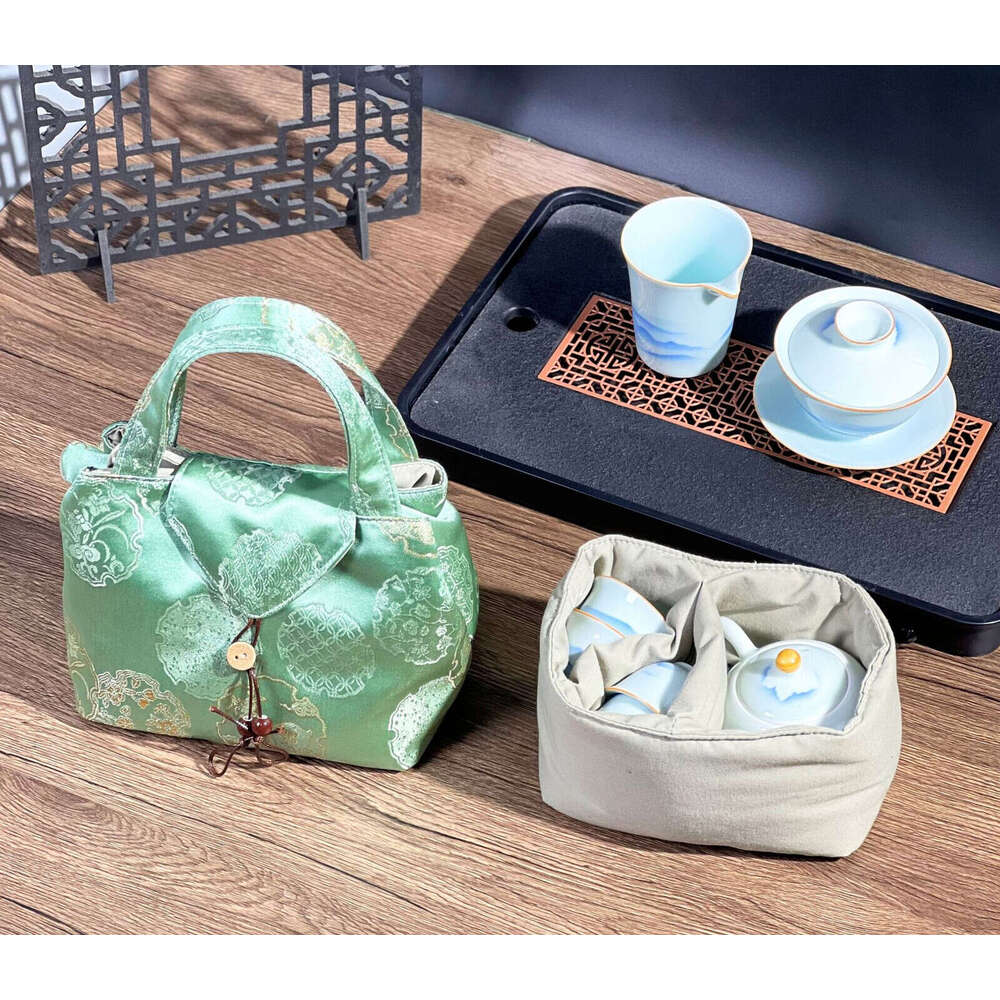 Brocade Fabric Chinese Style Embroidered Portable Outdoor Storage Bag Travel Tea Set Handbag MASA