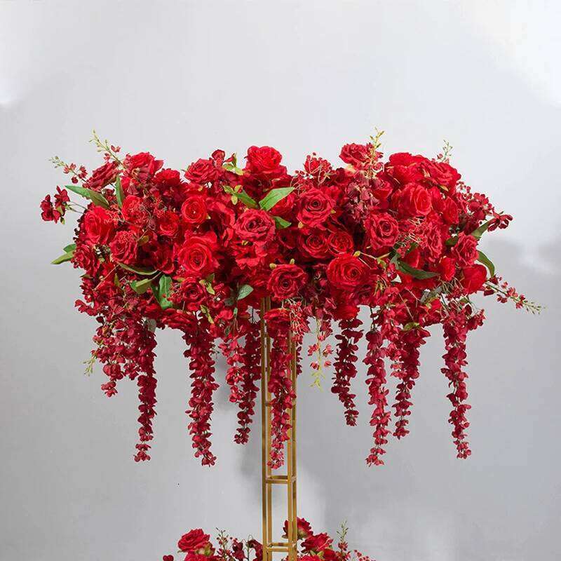 Luxury White Red Floral Arrangement Wreath Decor Wedding Table Centeriece Golden Stand Arch Flower String Runner Event Props W260130