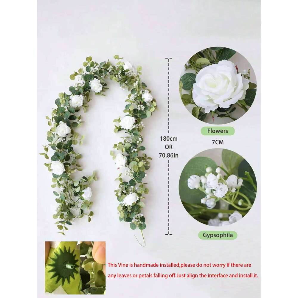 1pc 5.9FT Artificial Eucalyptus Vine Fake Rose Flowers Gypsophila Garland For Wedding Home Party Craft Art Table Runner Decor W260130