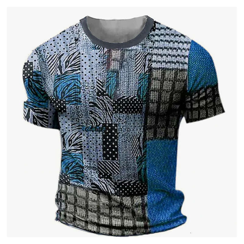 Men's T-shirt Retro Patchwork Print Short Sleeve Mixed Checkered And Animal Patterns Relaxed Crew Neck Fit Outdoor Recreation