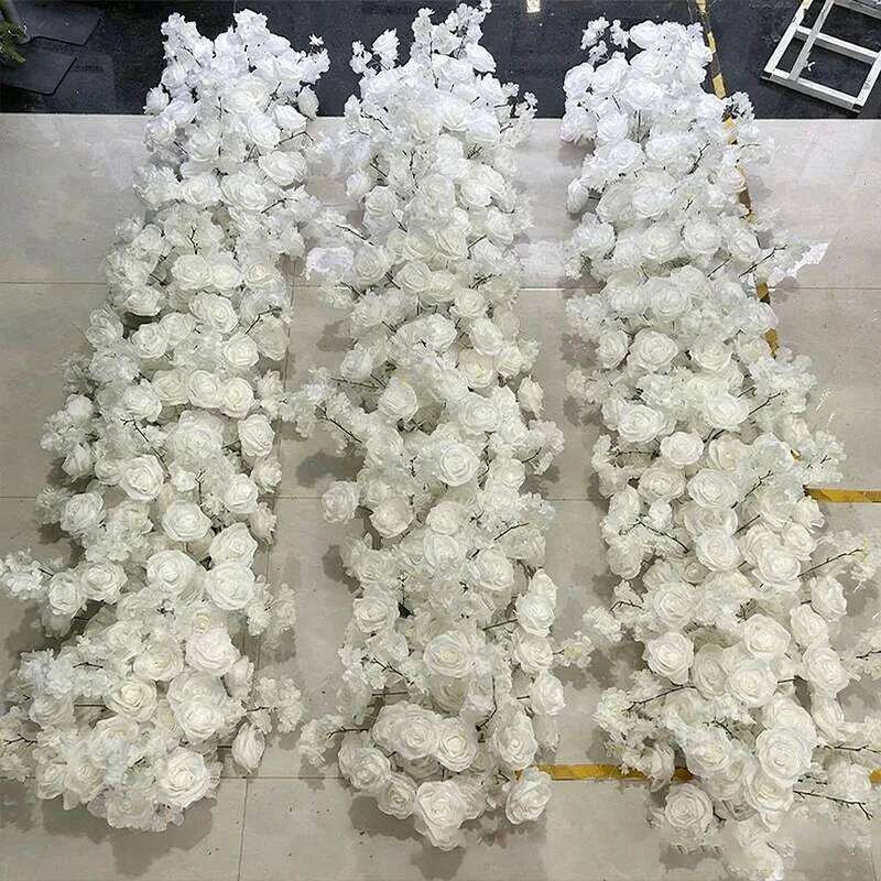 F21763Artificial silk Rose cherry blossom Flower Row Decor Wedding Backdrop Banquet Table Runner Floral Arrangement Event Stage W260130
