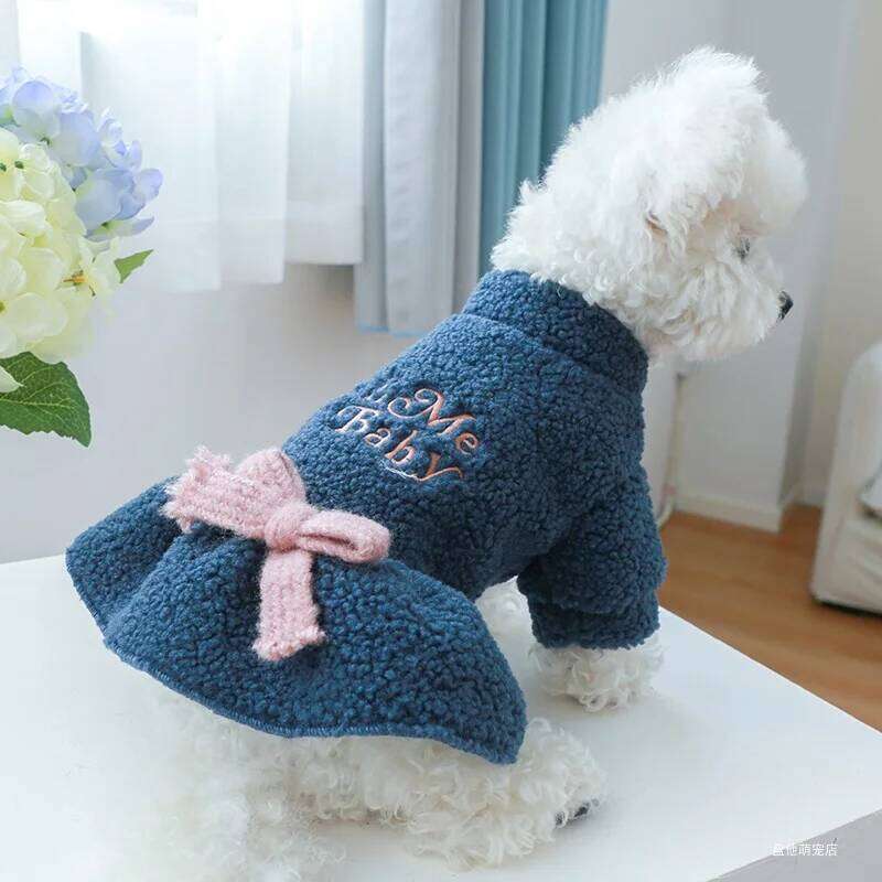 1PC Pet Apparel Cat Dog Autumn Winter Plush Thickened Warm Blue Bow Princess Dress Suitable for Small and Medium sized Dogs H260129