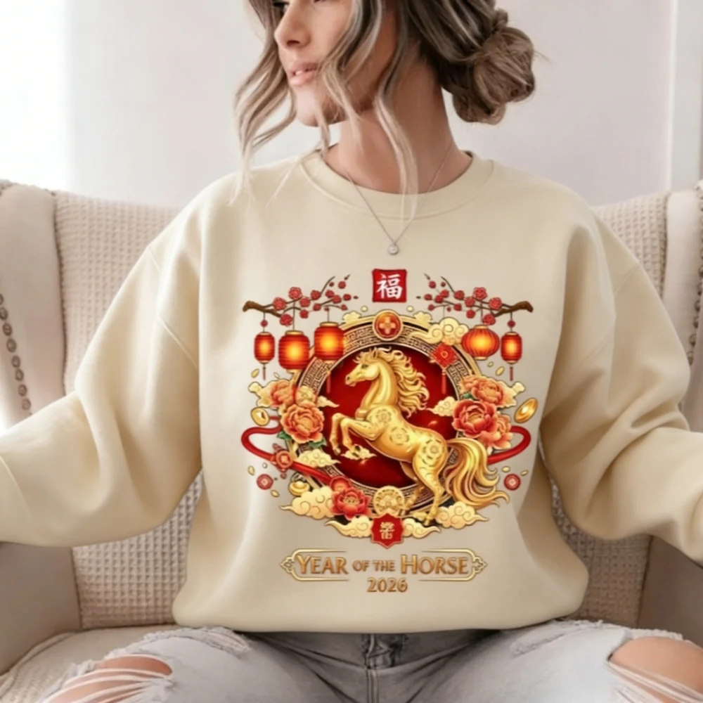 2026 Year of The Horse Women Unisex Sweatshirt Chinese New Year Sweater Chinese Horse Sweatshirt Winter Warm Pullover Clothes