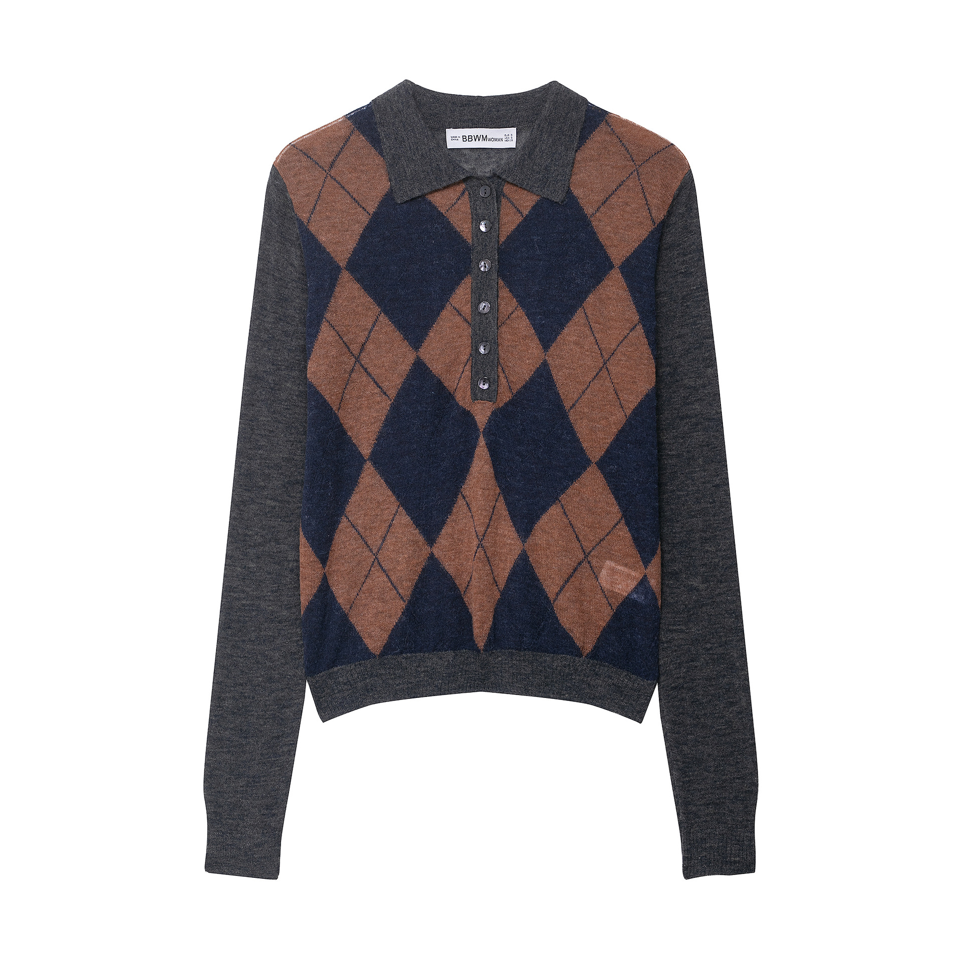 Argyle Plaid Front Button Knitted Pullover Sweater Vintage Lapel Neck Long Sleeves Female Chic Lady Tops