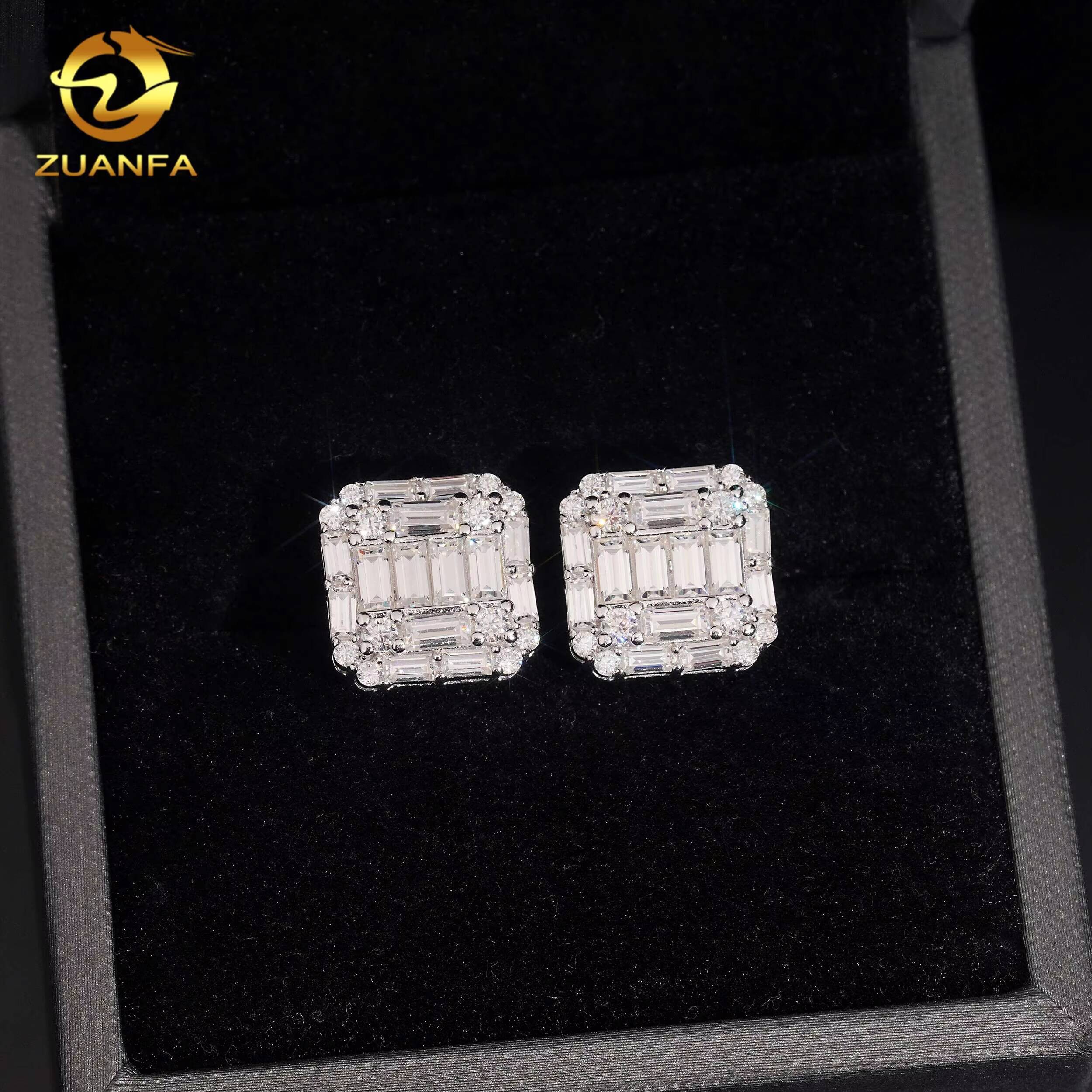 Pass Diamond Tester Ready to Ship Men Moissanite Earrings Screw Back 925 Silver Hip Hop Earrings Emerald Cut Rapper Jewelry