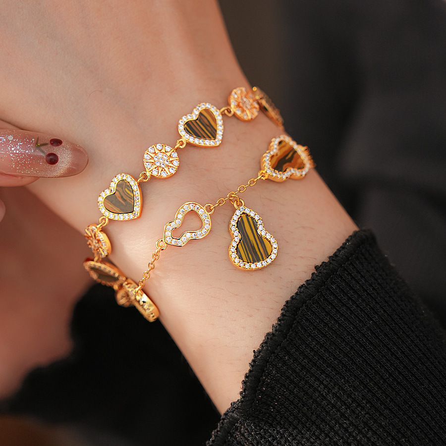 18K Real Gold Plated Zircon Gourd Heart Adjustable Vintage Exquisite Bracelet Light Luxury High-end Feel Jewelry