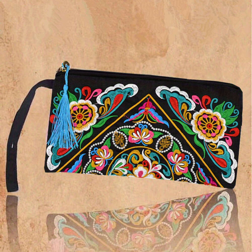 Ethnic Style Embroidered Long Vintage Large Capacity Clutch Ladies Evening Bag Phone Coin Purse Wallet