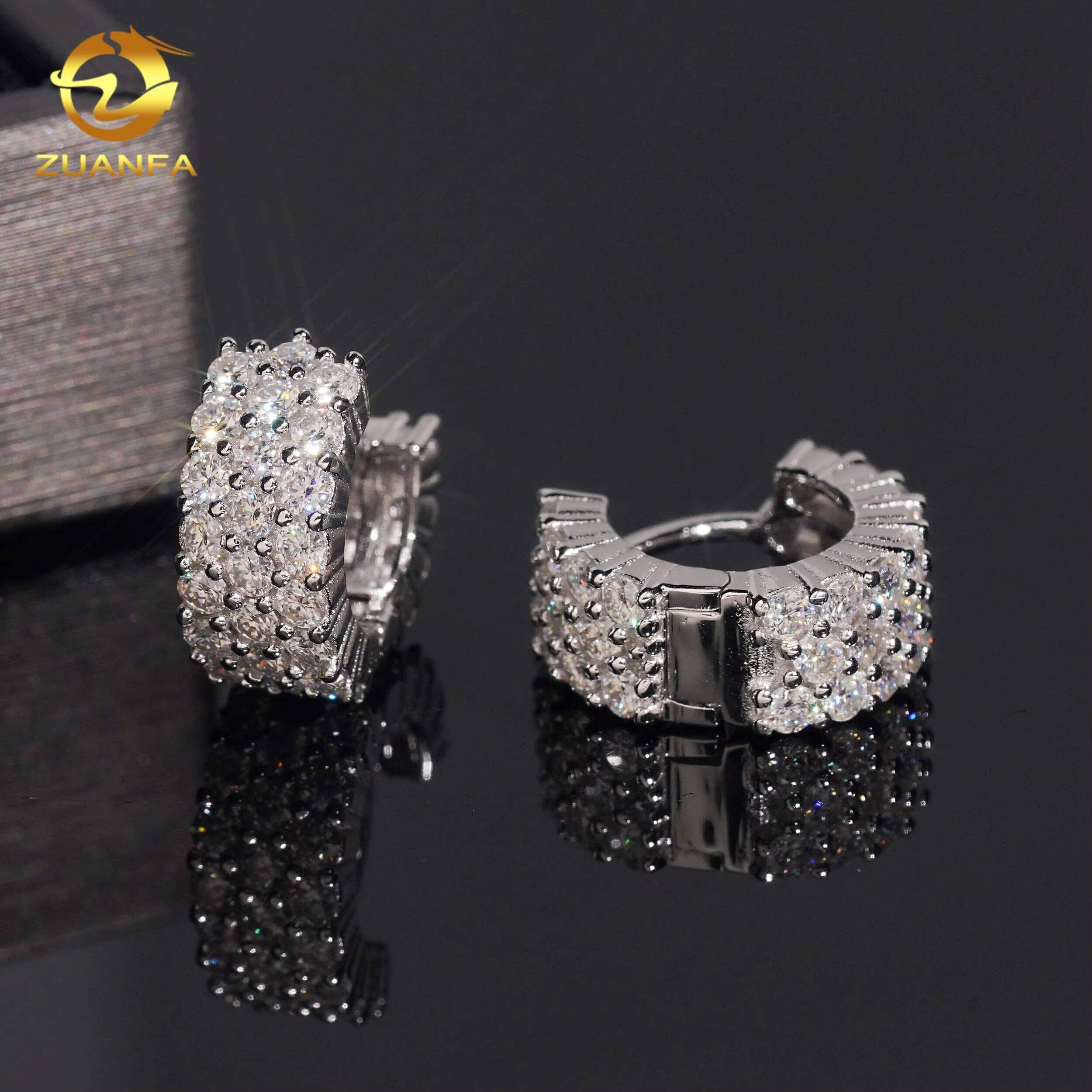 Wholesale Price D VVS Men Moissanite Earrings 3 Row Hoop 925 Silver Hip Hop Earrings Pass Diamond Tester