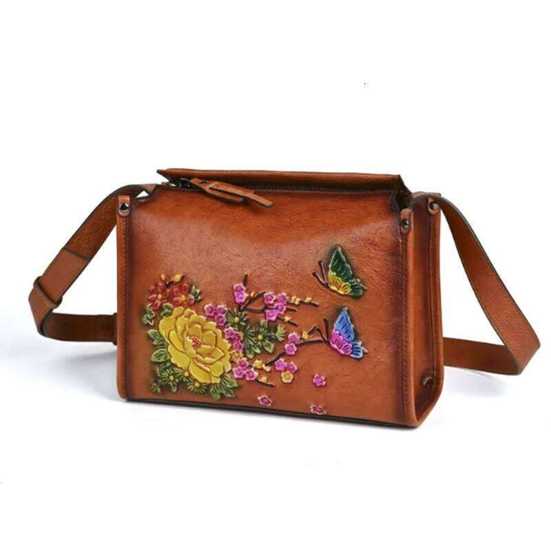 New Women S Shoulder Handmade Embossed Genuine Leather Bag Retro Floral Crossbody Bags KABAHEBINGJUE