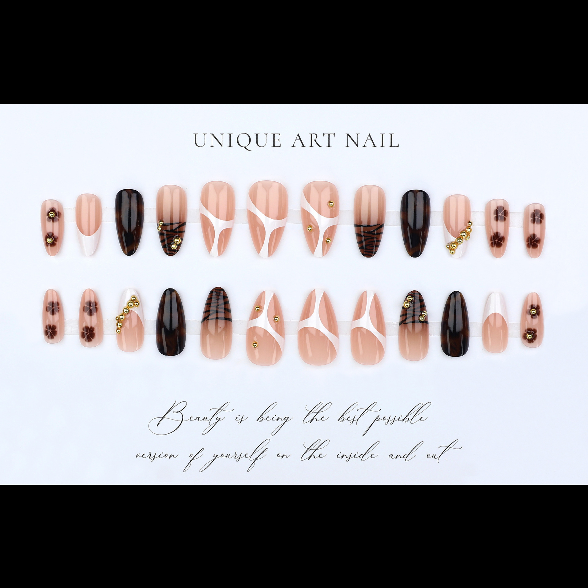 Autumn Winter Foreign Trade Water Drop Wearable Nails French Leopard Print Gold Beads Small Flowers Brightening Fake Nail Tips Detachable 24 Pieces