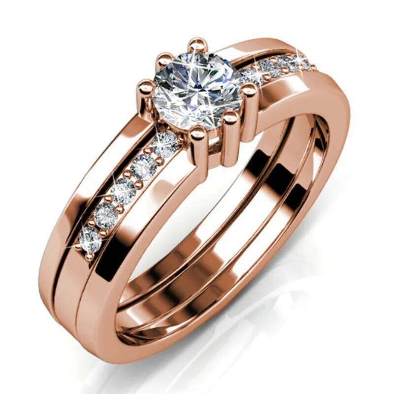Daisini 2 in 1 Wedding Ring with Crystals Luxury Rose Gold Color Double Row for Women Romantic Engageme Party Jewelry XJ260130