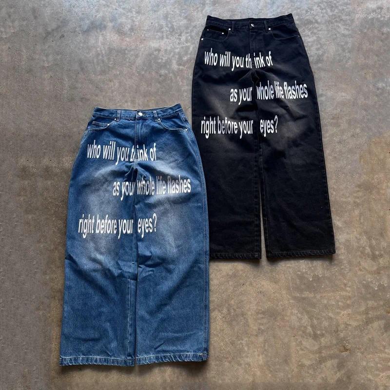 Men's Jeans Y2K Baggy Wide Leg Pants Fashionable Spray White Letters Dialogue Print Vintage Harajuku Men Women Black Street Wear
