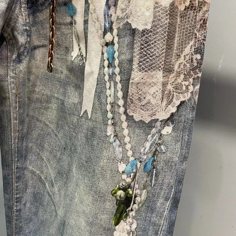 DEAT Fashionable Niche 3D Printed Lace Pearl Chain Denim Pants For Women High Waist Straight Leg Jeans Female Trendy 11A05476 260126