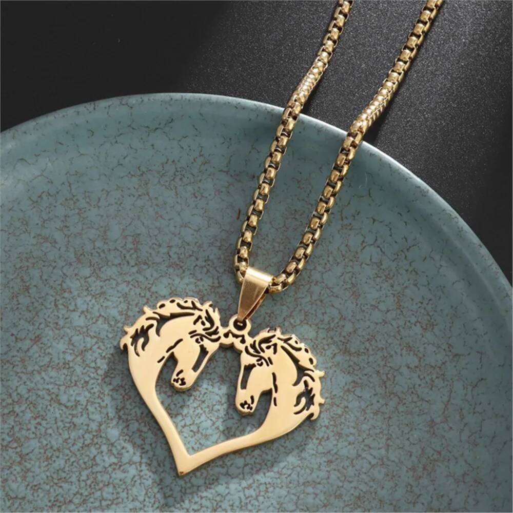 Hiphop Hollowed Out Horses Pendant Necklace For Men Women Rock Punk Gold Color Stainless Steel Box Neck Chain Jewelry Gifts