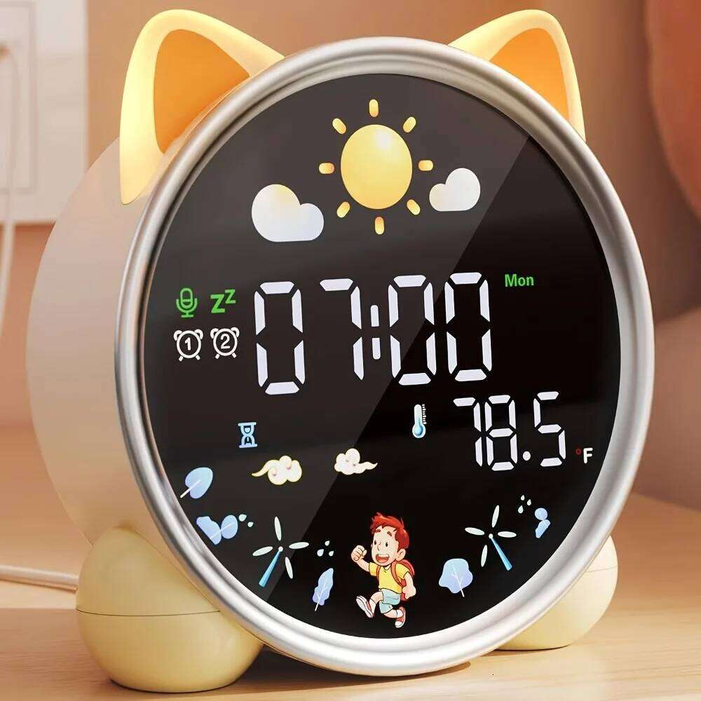 Kids Alarm Clock Ready Rise Children's Sleep Trainer Night Light Sound Machine Cute Cat Design Fun to Wake for Toddlers Gift W260130