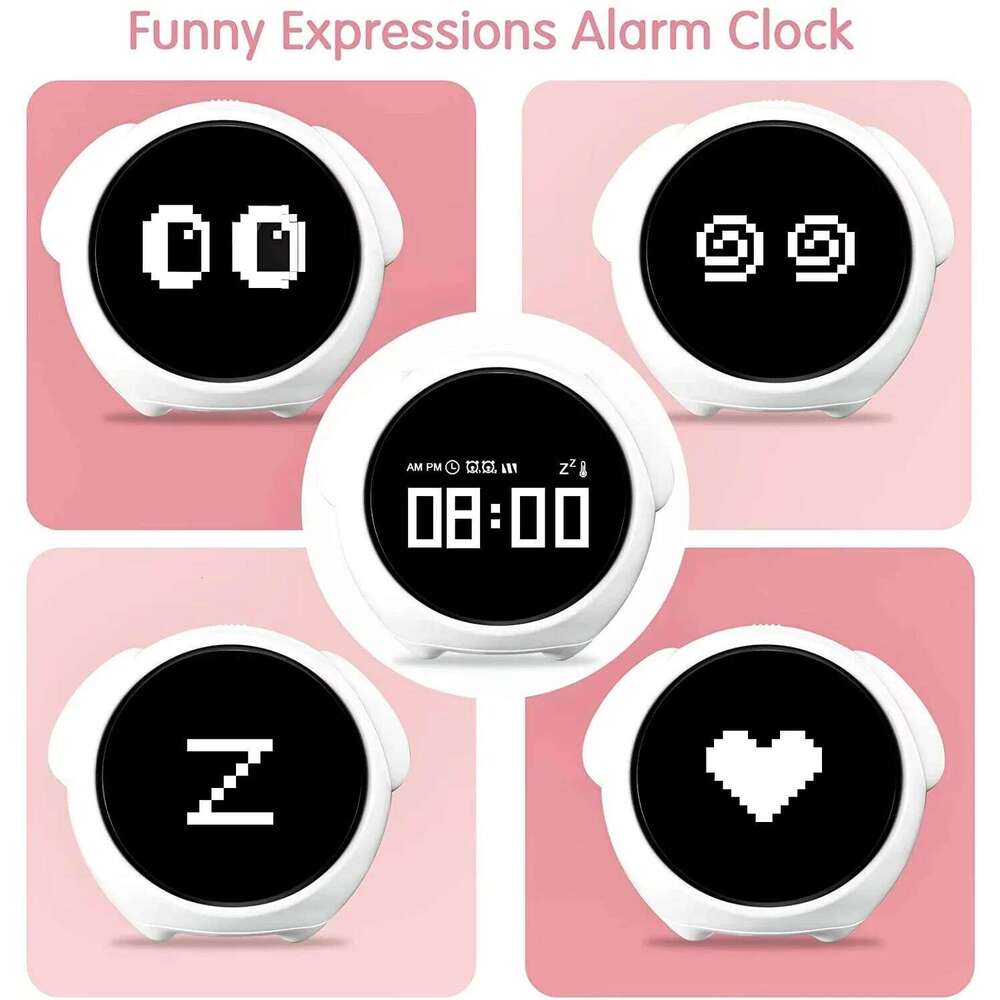 Cute Digital Emoji Alarm 5Voices Snooze Function Date Temperature 12/24 Hours Clock with Voice Activated Night Light W260130