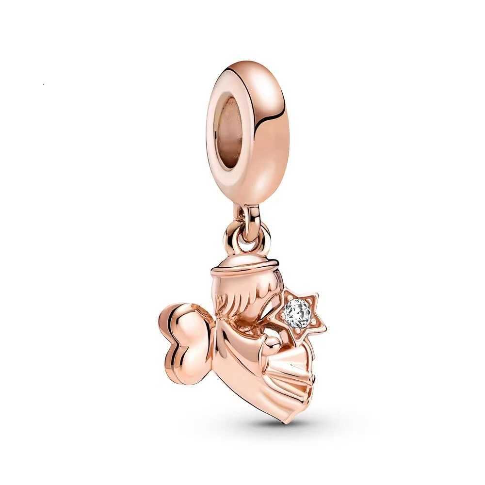 Hot Sale Sparkling Gold Safety Chain Angel Heart Rose Flowers Charm Beads Fit Original 925 Silver Bracelet DIY Jewelry Gifts XJ250523