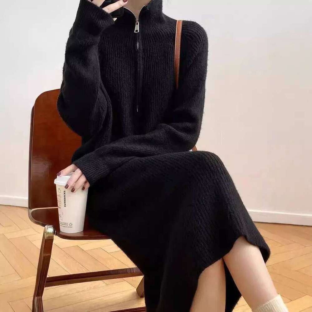 Autumn Winter Women's Zipper Lapel Knitted Dress High Necked Woolen Straight Long Sleeved Bottom Dresses XJ260130