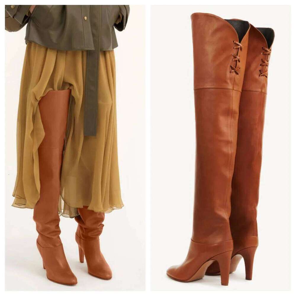 European American Simple and Versatile High Heels Over The Knee Sleeve Leather Boots, Women's Large Round Knight Boots