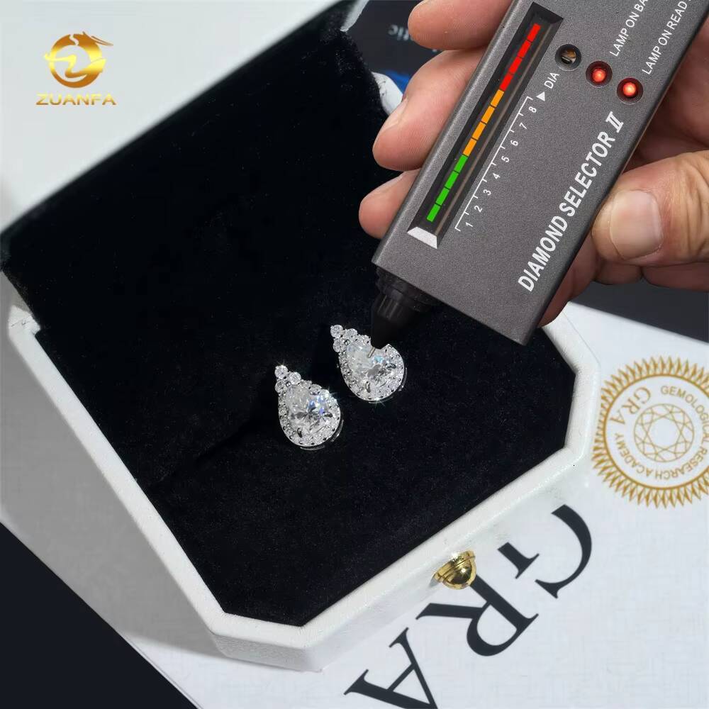 New Arrivals Hip Hop Halo Design Earrings White Gold 925 Silver Drop Pear Shape Moissanite Earring