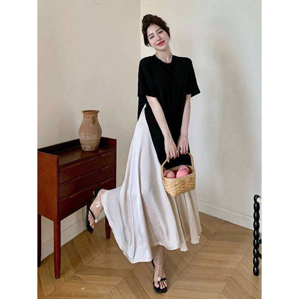 NYFS 2025 Summer New Korea Woman Vestidos Robe Elbise Loose Plus Size Short Sleeve Patchwork Acetate Satin Hem Long Dress XJ260130