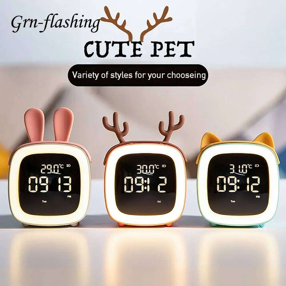 Rechargeable Cartoon LED Night Light Children Bedroom Alarm Clock with Thermometer Student Birthday Gift Room Bedside Deer Lamp W260130