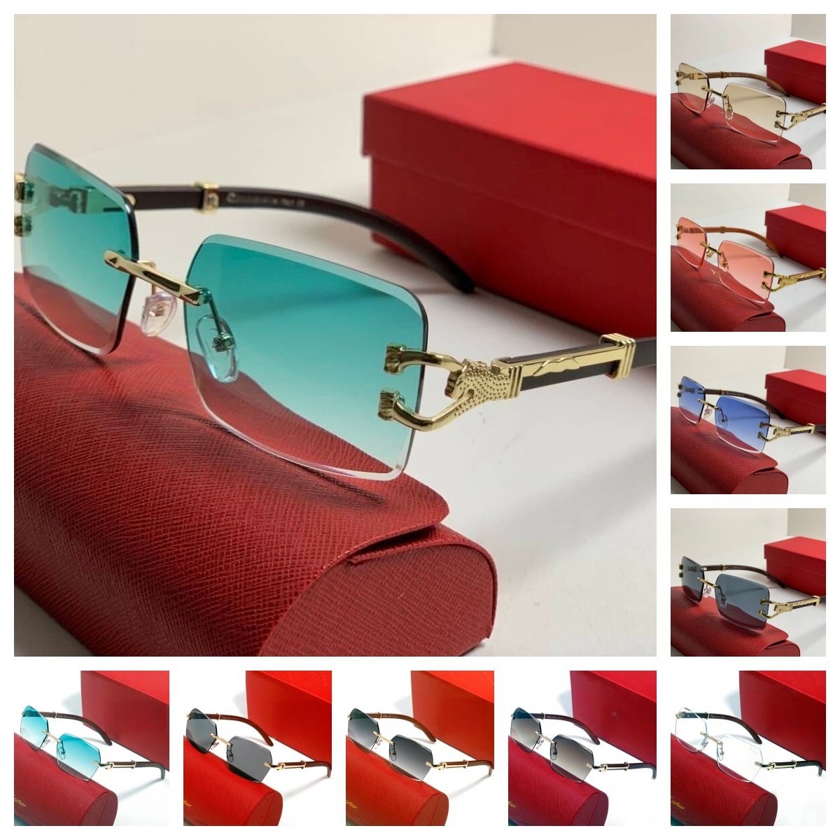 Luxury Glasses Women Designer Vintage Oval Frameless Round wooden letters Eyewear Multiple Colors Square Frame monturas retro Cut Craftsmanship Mens Sunglasses