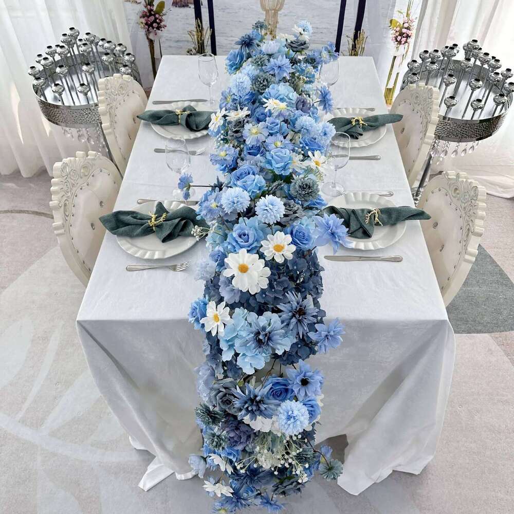 New Luxurs White Rose Sofa Table Runner Flower Row Wedding Backdrop Decor Floral Arrangement Party table Window Display Props Y260130