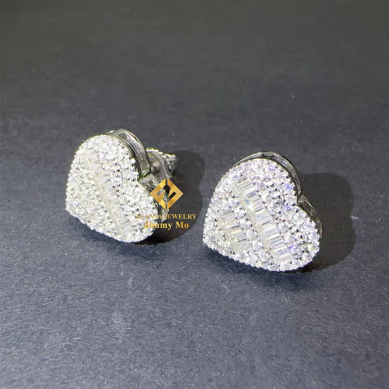 Unique 129mm Hip Hop Earring S925 Silver Iced Out Jewelry Heart VVS1 Baguette Moissanite Diamond Men Cluster Stud Earrings