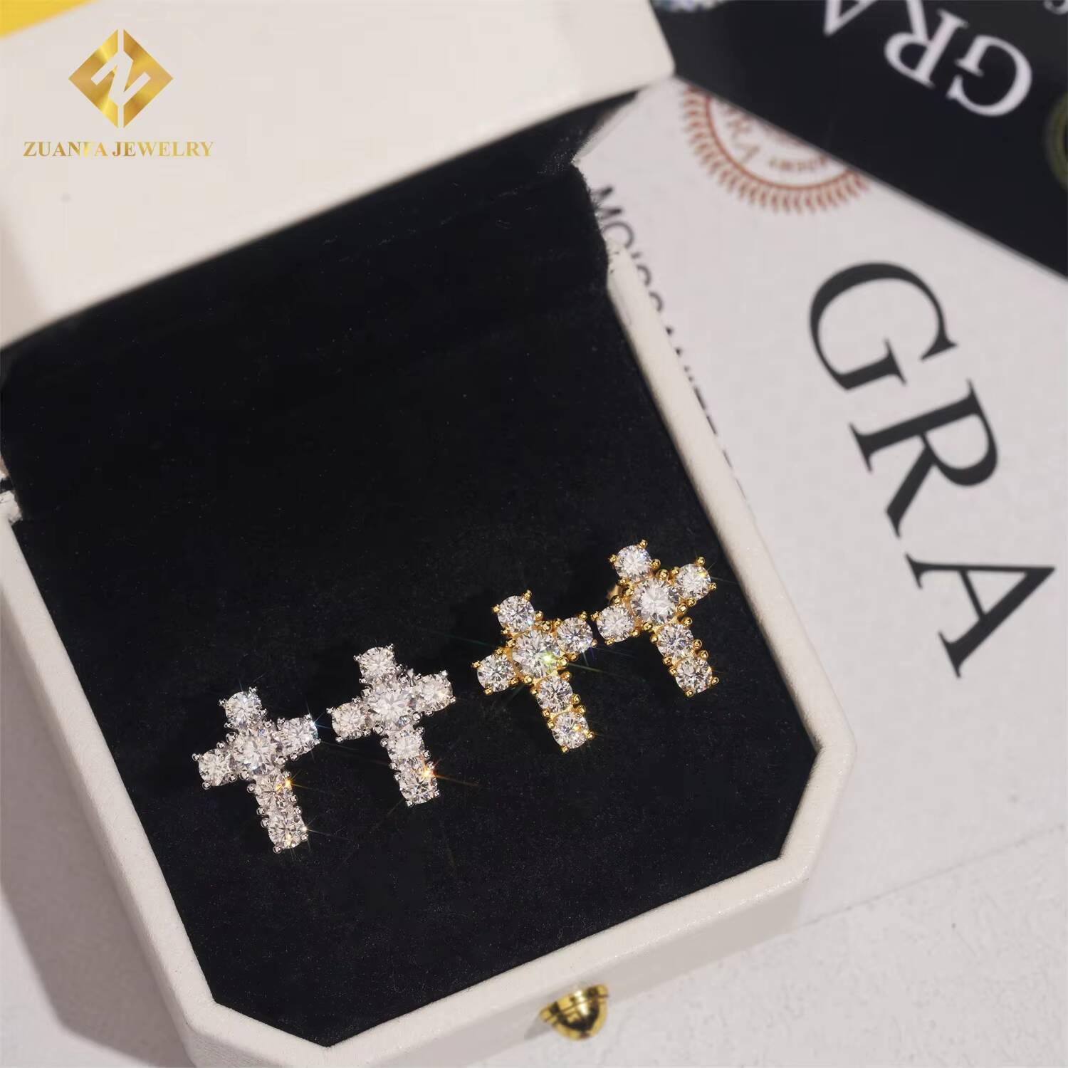 Bulk Drop Iced Out Hip Hop Cross Stud Earrings with Sterling Silver 925 Screw Backs and Moissanite Diamonds