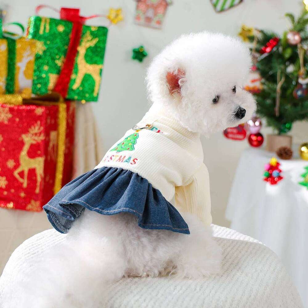 Cat Dog Pet Blue and White Color Scheme Open Lady Temperament Christmas Style Traction Button Dress H260129
