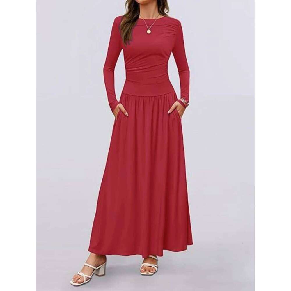 Autumn New Arrivals Women Long Sleeve Maxi Dress Comfortable Fit Ruched Detail Multi Color for Casual Everyday Wear XJ260130