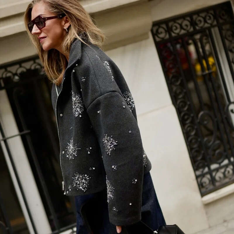 European and American Cross-Border Autumn Winter Women's Jacket, Unique Street Style Loose Single-Breasted Stand Collar Sequin Jacket