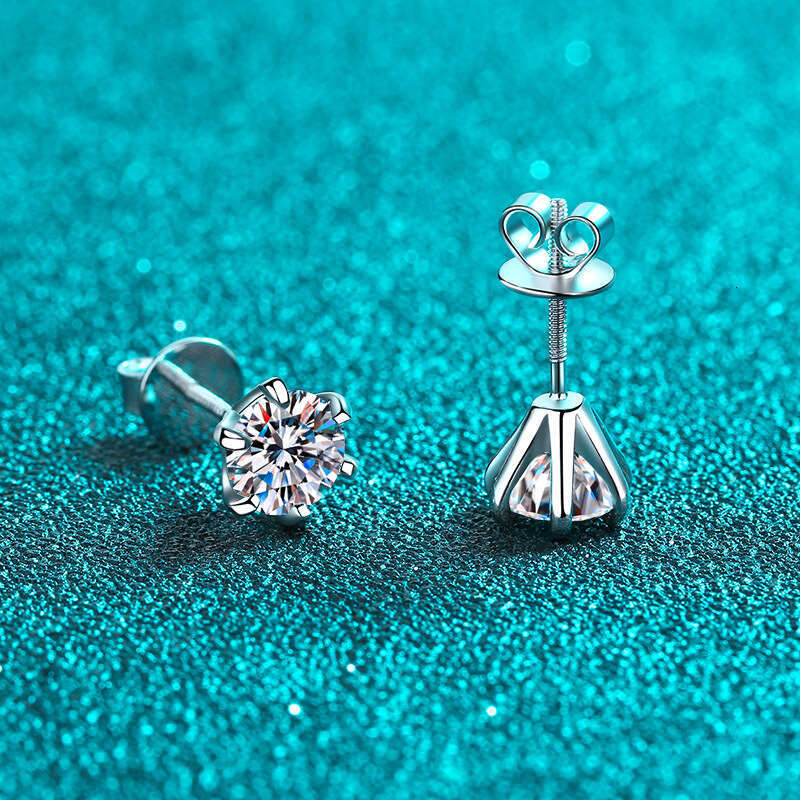 DHCollections-- Sterling Sier for Women 6-Prong Moissanite Screw Stud Earrings Plated with PT950 Gold Jewelry