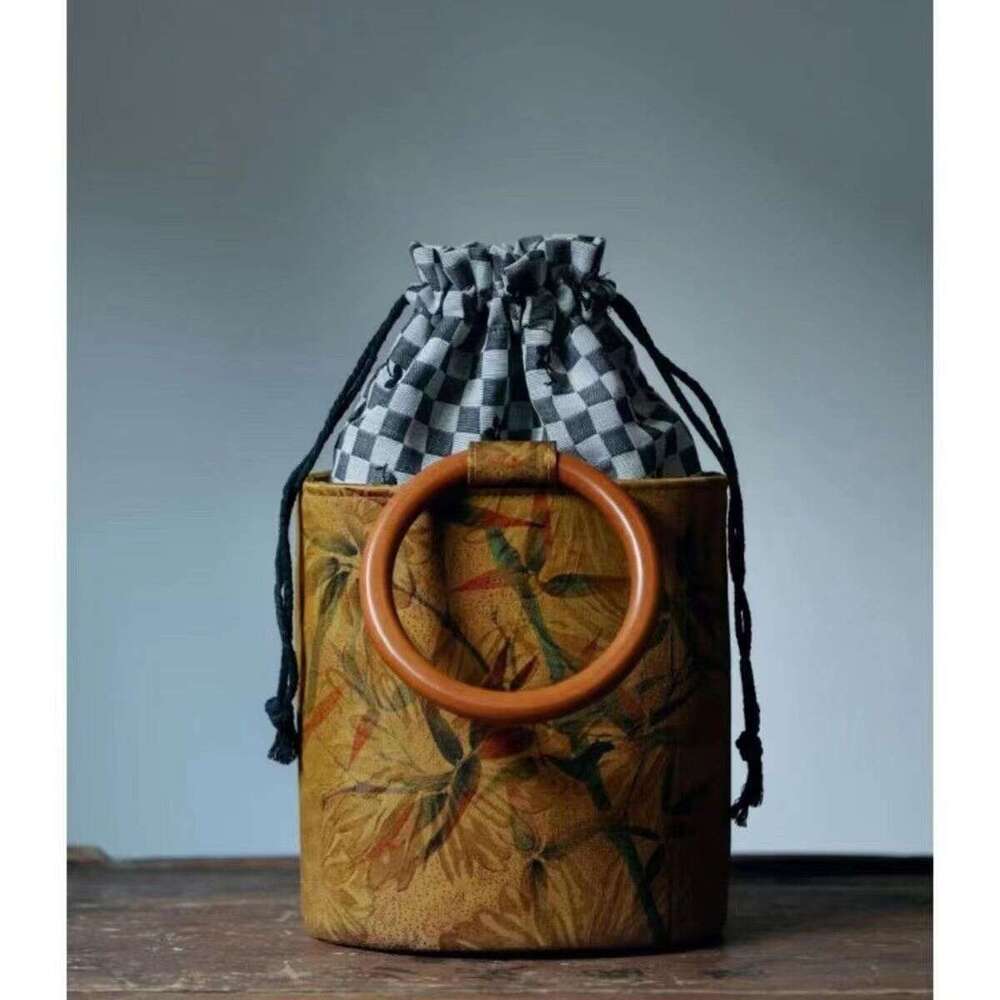 Ethnic Round Ring Wooden Handle Song Brocade Tang Horse Pattern Retro Wealth Bucket Cylinder Bag Autumn Winter Chinese National Style